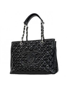 Chanel Chain Tote Quilted Patent Leather Black Silver